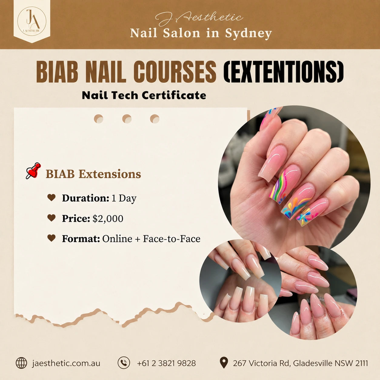Promotional poster for J.Aesthetic BIAB nail extension course with training details and colourful nail extension examples