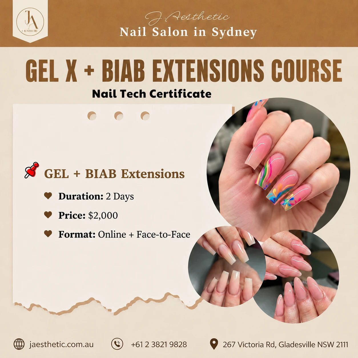 Advertisement for BIAB nail extension courses at J.Aesthetic Nail Salon in Sydney.