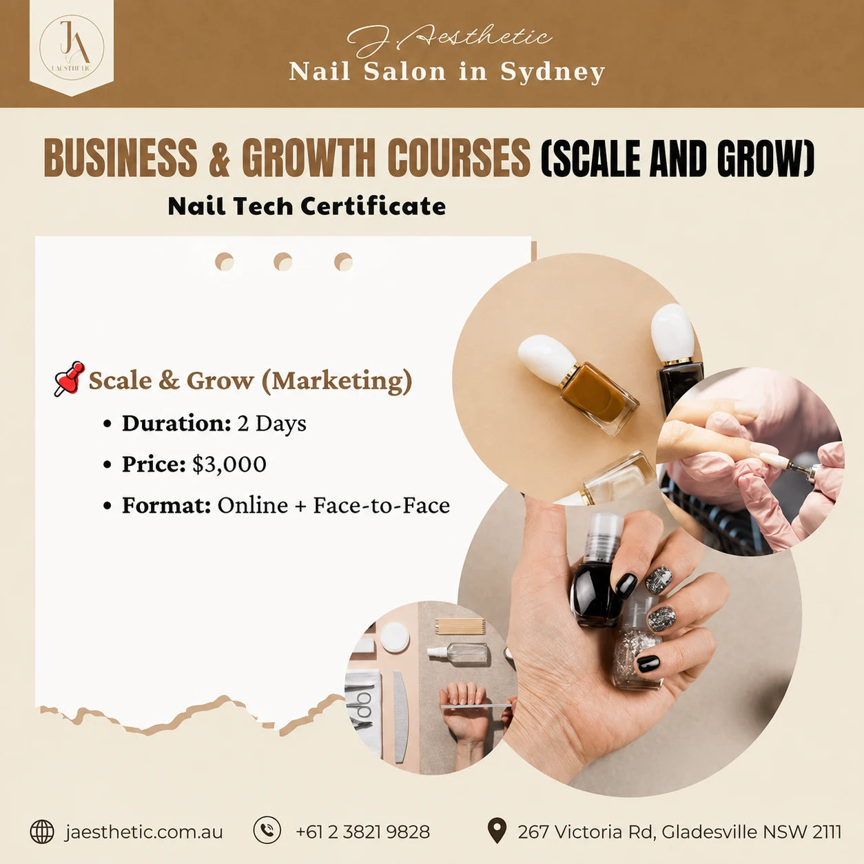 Promotional poster for J.Aesthetic business and growth nail course with marketing training details and nail product images