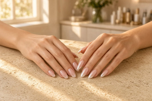 Side by side comparison of BIAB nails vs acrylic nails on healthy natural hands