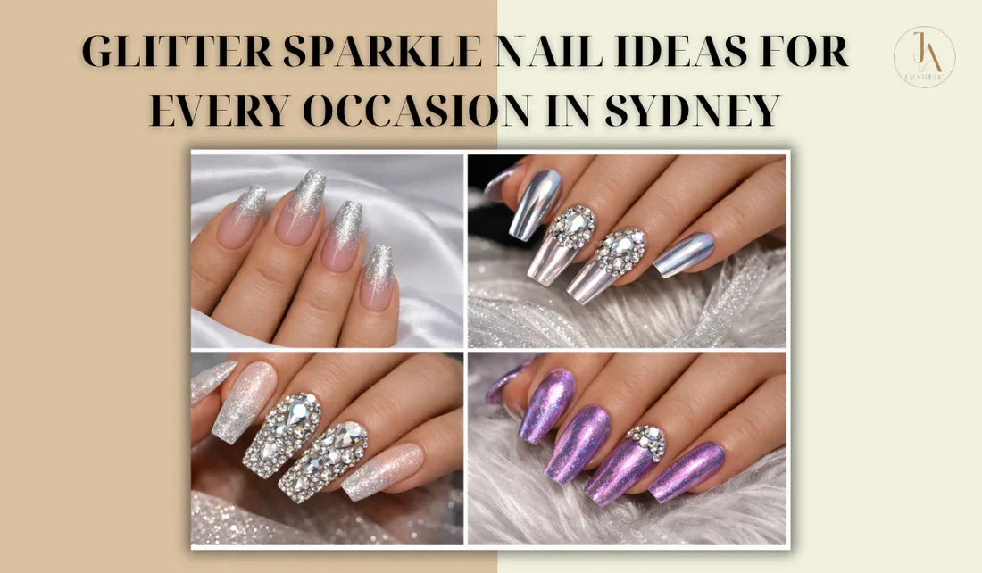 Collage of glitter sparkle nail ideas featuring ombre, chrome, rhinestone and shimmer designs by J.Aesthetic in Sydney