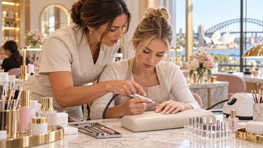 Nail course student receiving hands-on electric file training with an educator at J.Aesthetic in Sydney