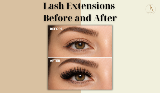lash extensions before and after comparison showing natural lashes transformed into full volume set