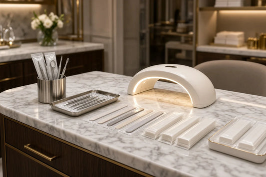 Boutique nail salon styling station near Meadowbank showcasing sterilised implements and premium builder gel products