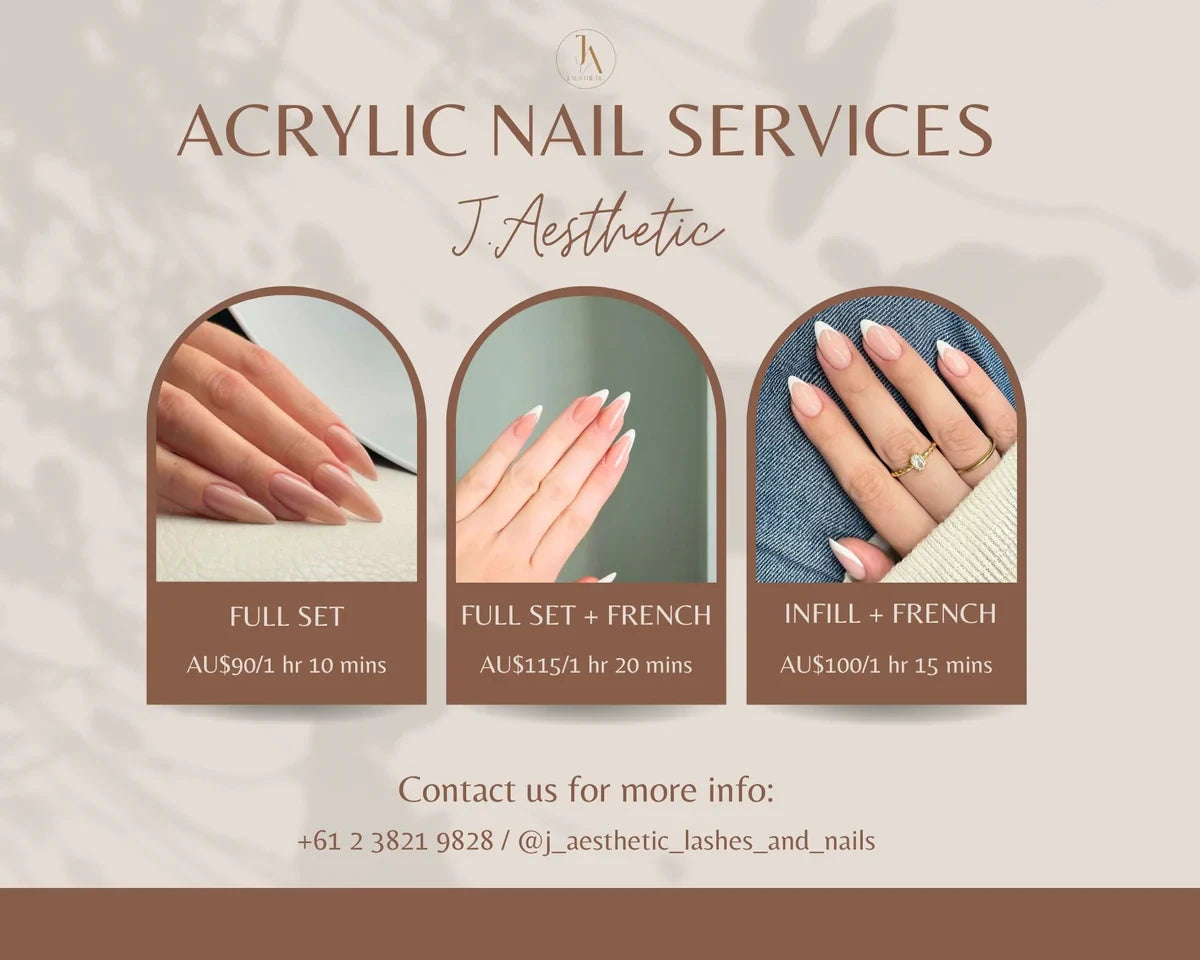 Three acrylic nail designs featuring nude almond nails and classic French tips