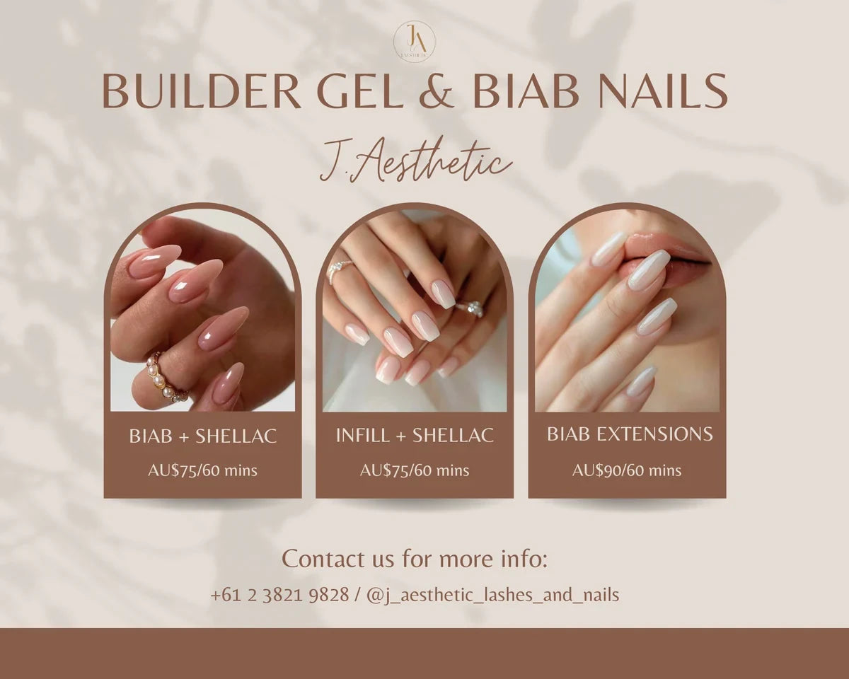 Builder gel and BIAB nails with glossy nude pink finishes in almond and square shapes