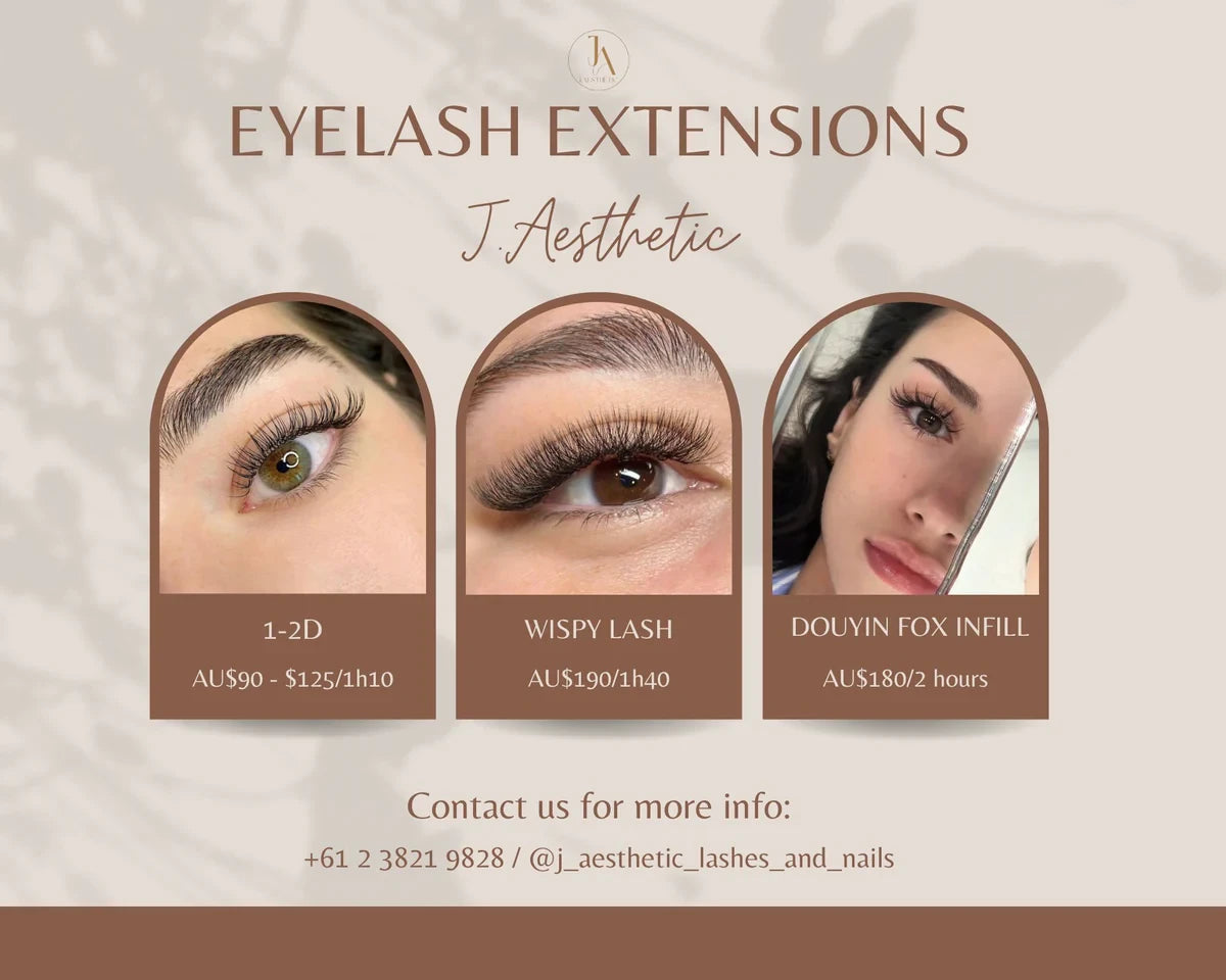 Eyelash extension styles including classic, wispy and fox eye lashes on female clients