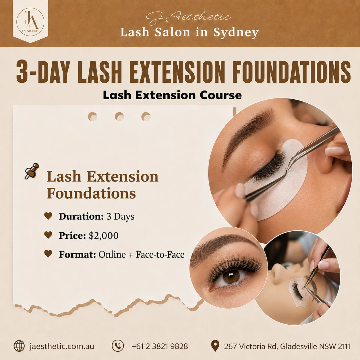 3-day lash extension foundations course at J.Aesthetic in Sydney with hands-on eyelash extension training
