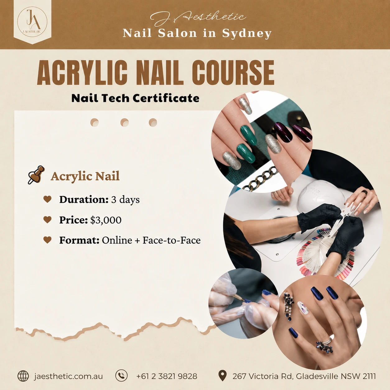 Promotional poster for J.Aesthetic acrylic nail course with training details, acrylic nail designs and manicure practice images
