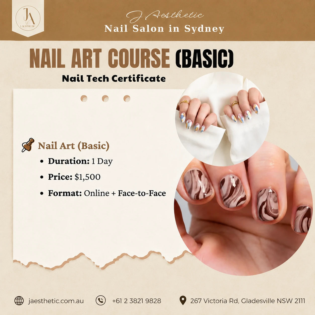 Promotional poster for J.Aesthetic basic nail art course with foundation-level training details and nail design examples