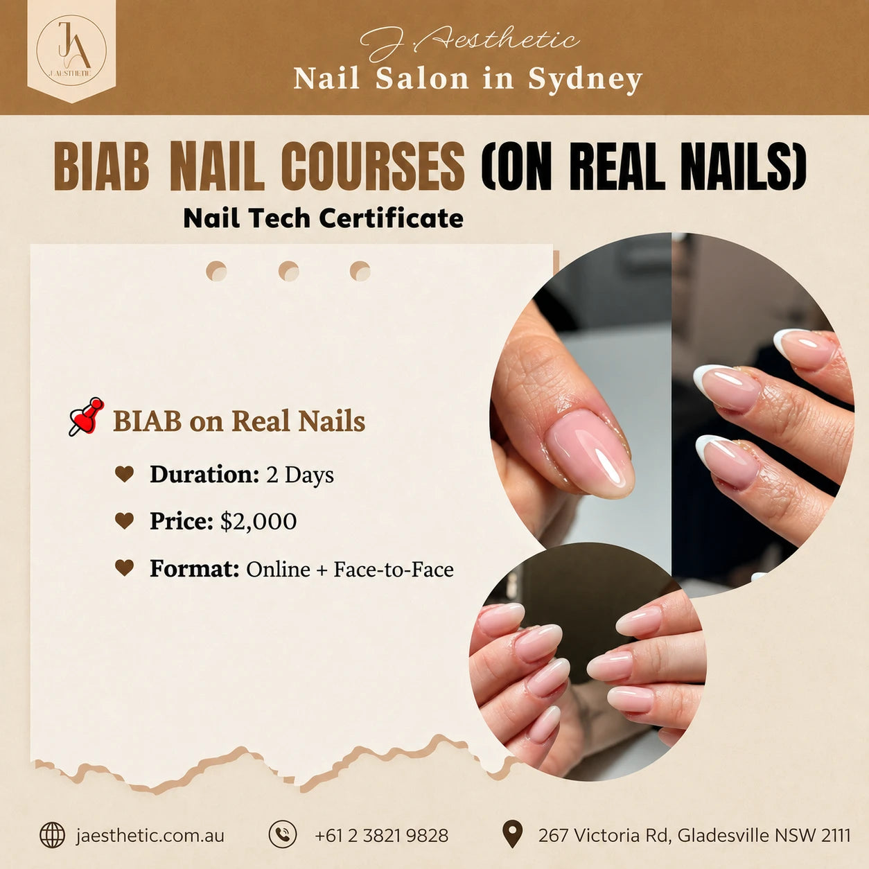 Promotional poster for J.Aesthetic BIAB on real nails course with training details and natural BIAB manicure examples
