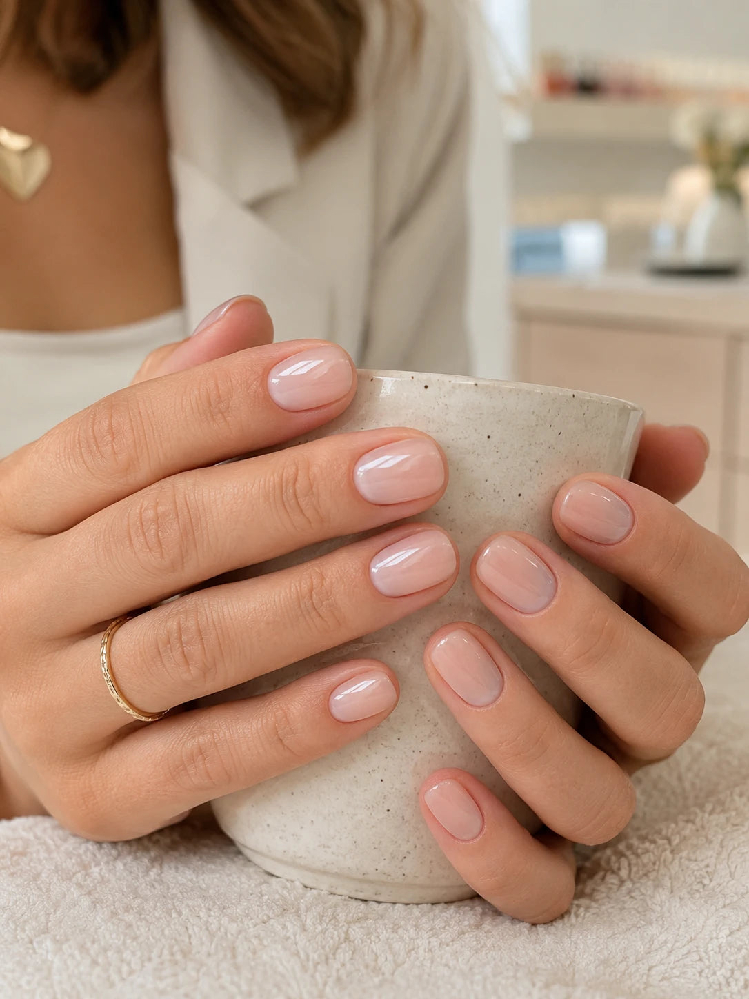 Close-up of short natural BIAB nails with a glossy soft pink finish near Croydon