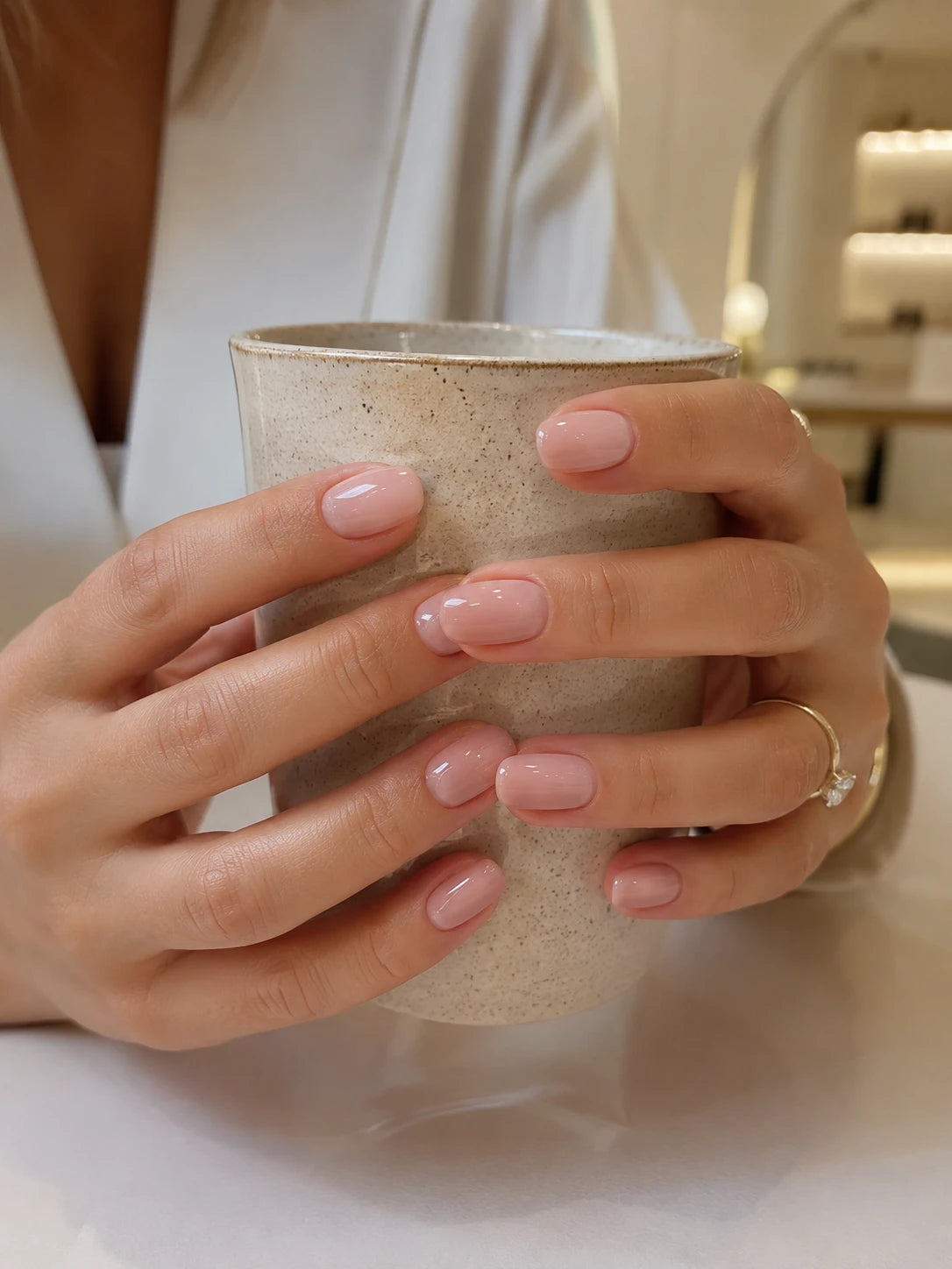 Close-up of short soft pink BIAB nails with a glossy natural finish near Croydon