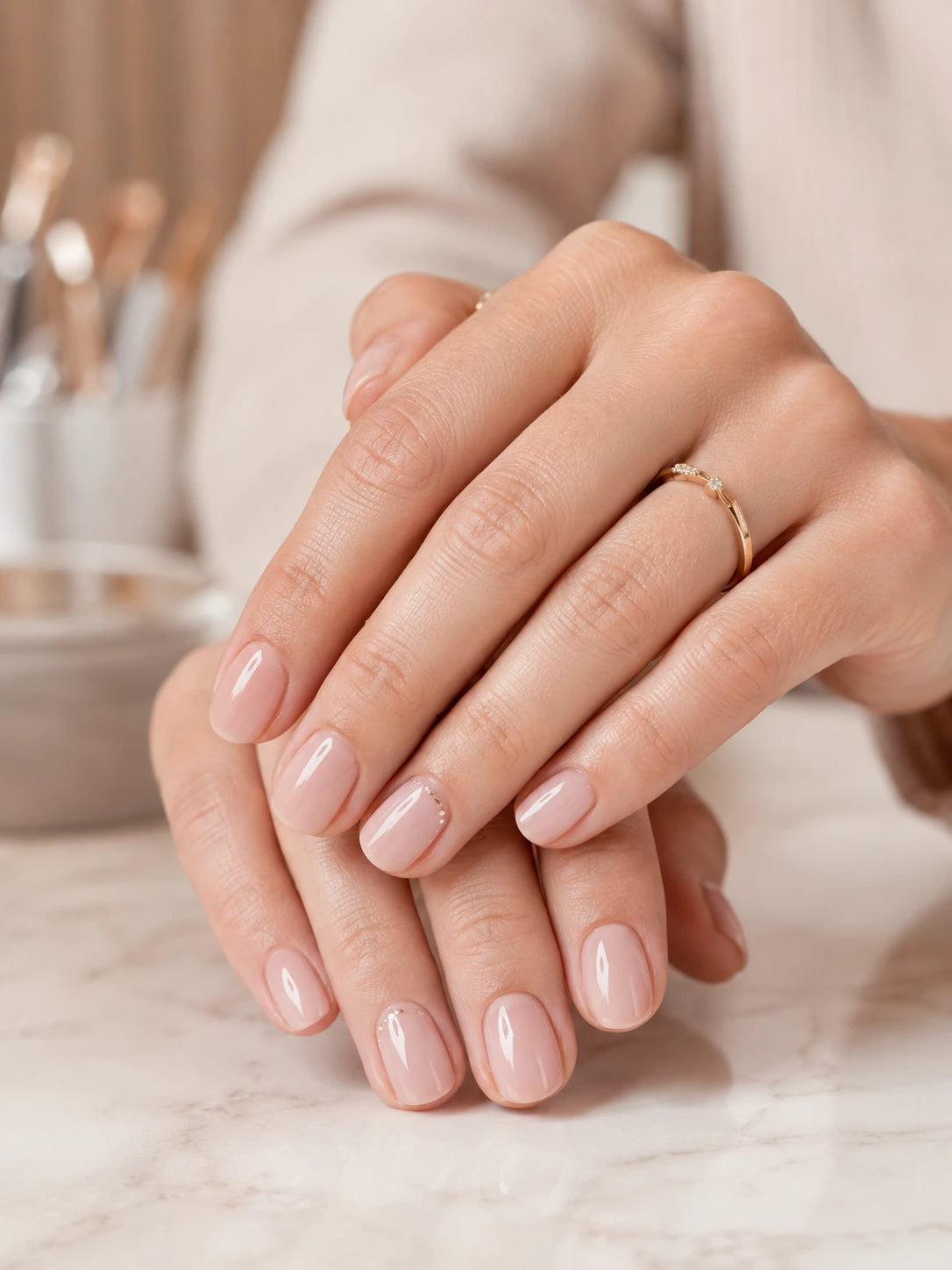 Close-up of short natural BIAB nails with a glossy soft pink finish near Putney