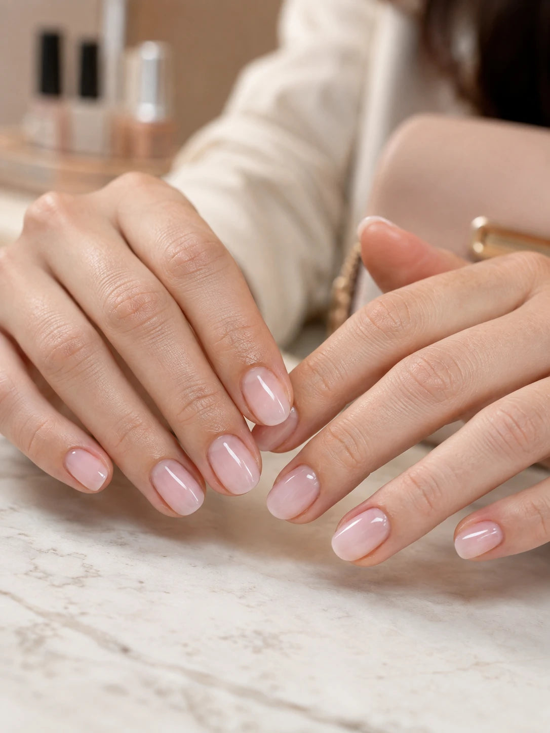 Close-up of short natural BIAB nails with a glossy soft pink finish near Putney