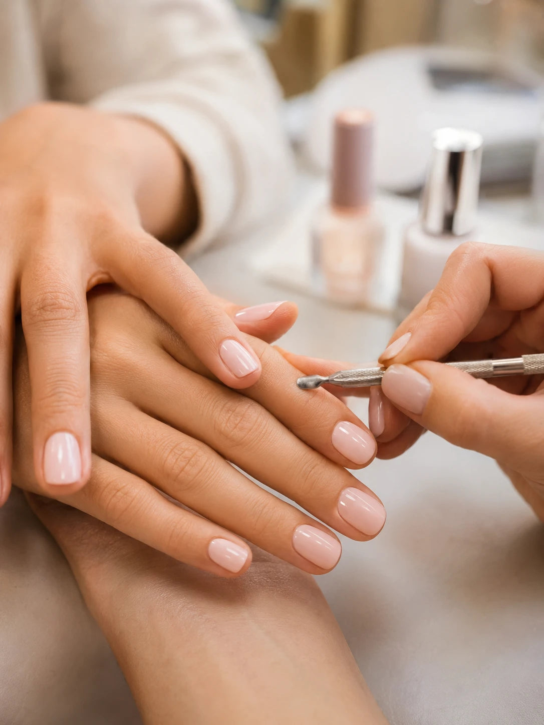 Close-up of professional cuticle preparation and soft pink manicure for a client near Breakfast Point