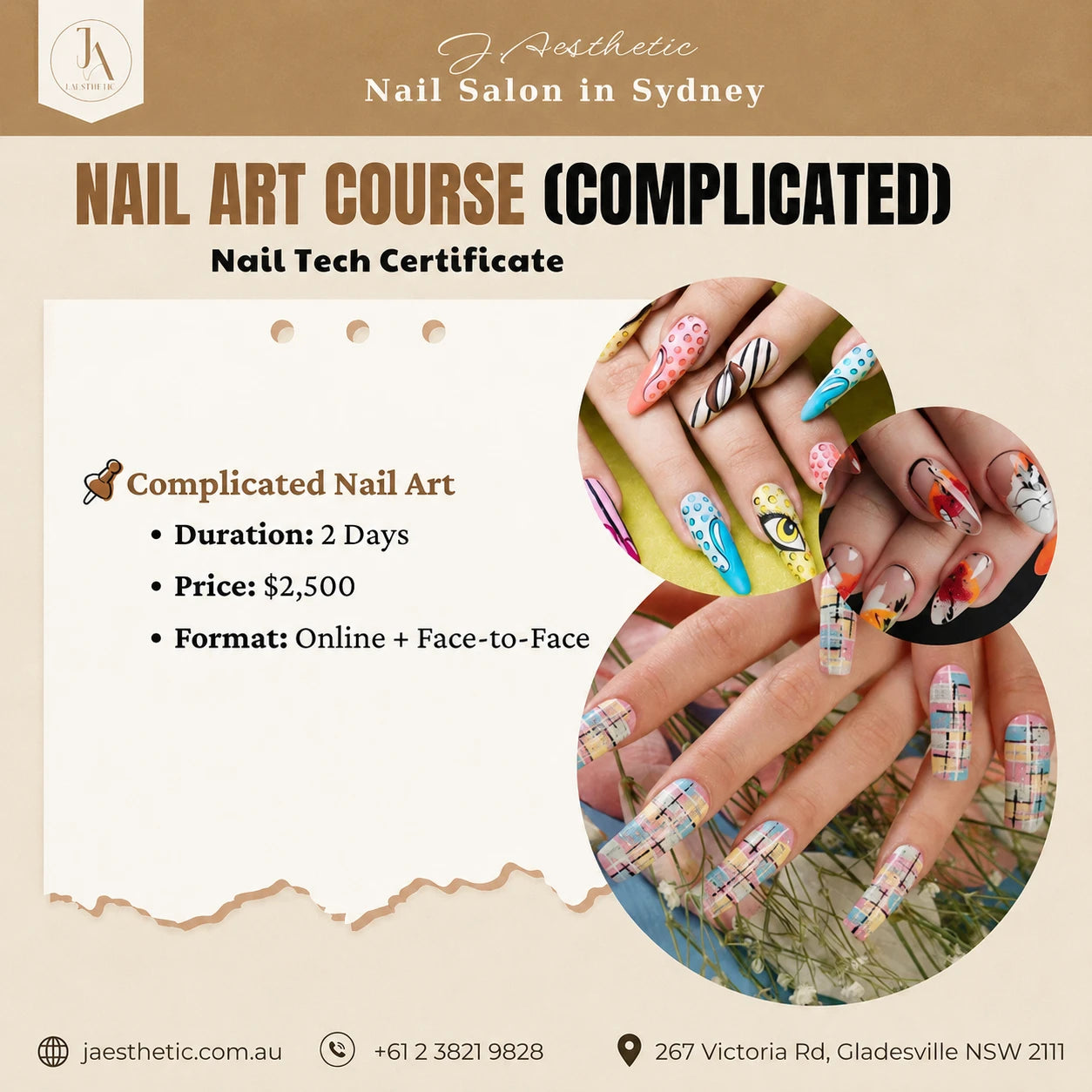 Promotional poster for J.Aesthetic complicated nail art course with advanced colourful nail design examples