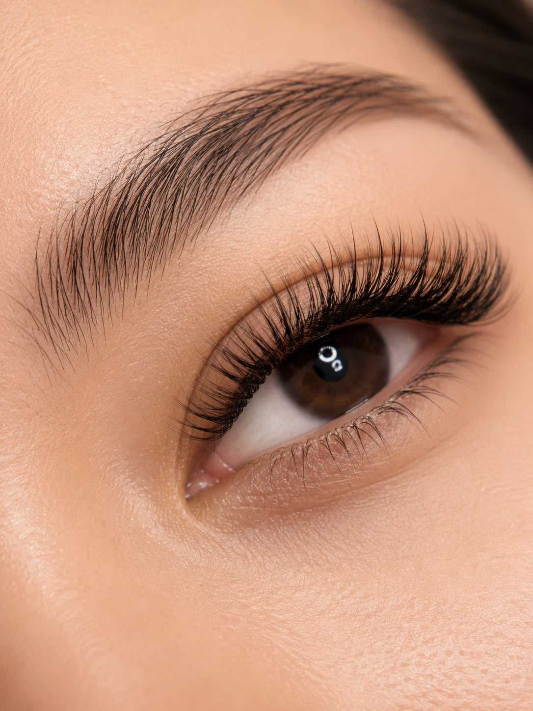 Close-up of full curled eyelash extensions and a groomed eyebrow on a female client near Balmain
