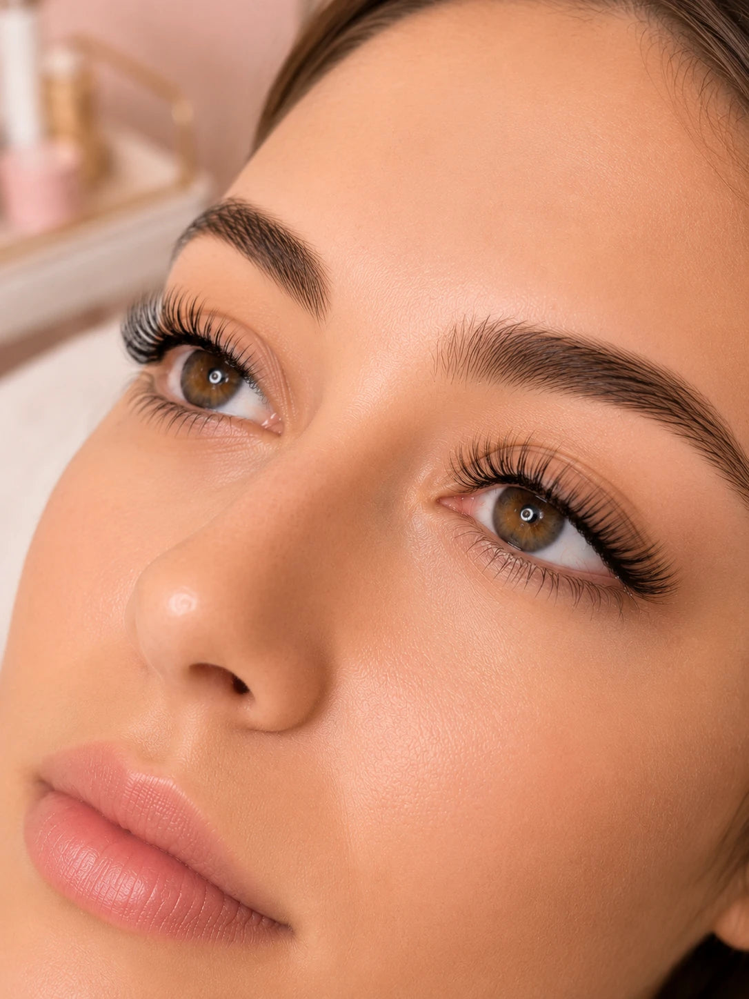 Close-up of soft volume eyelash extensions and groomed eyebrows on a female client near Leichhardt