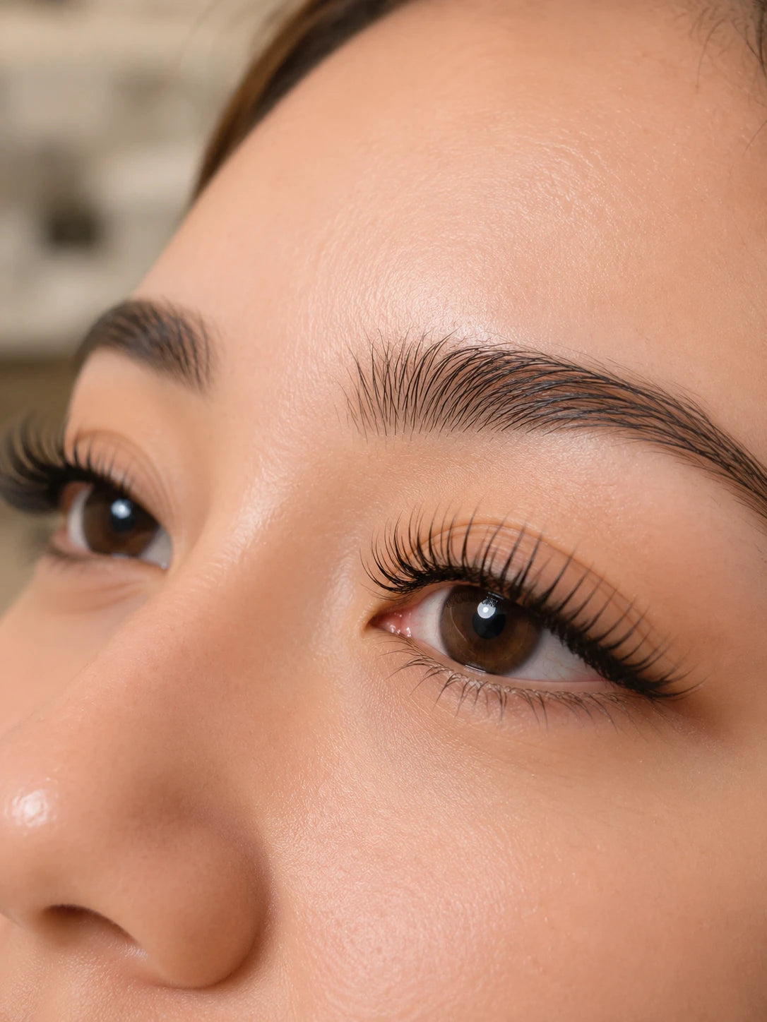 Close-up of curled eyelash extensions and groomed eyebrows on a female client near Ryde