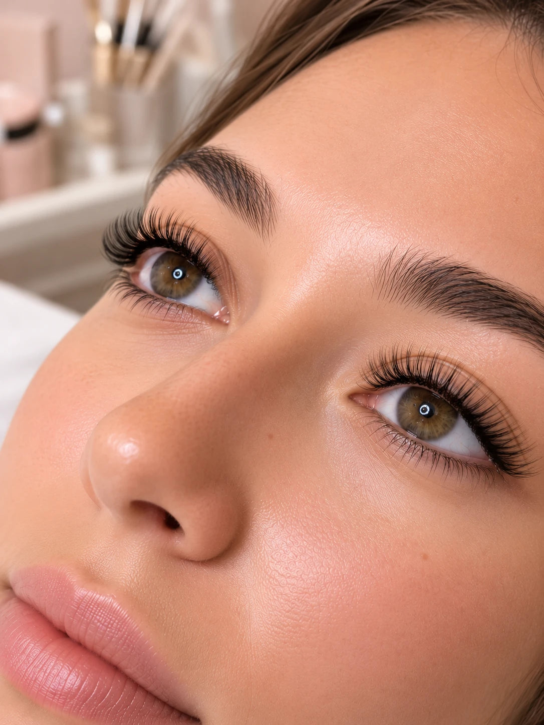 Close-up of soft volume eyelash extensions and groomed eyebrows on a female client near Strathfield