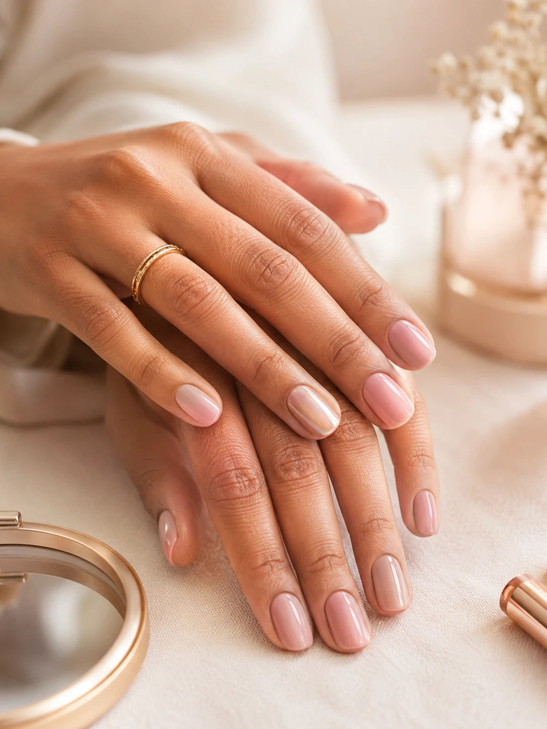 Close-up of short soft pink gel nails with a glossy natural finish near Abbotsford