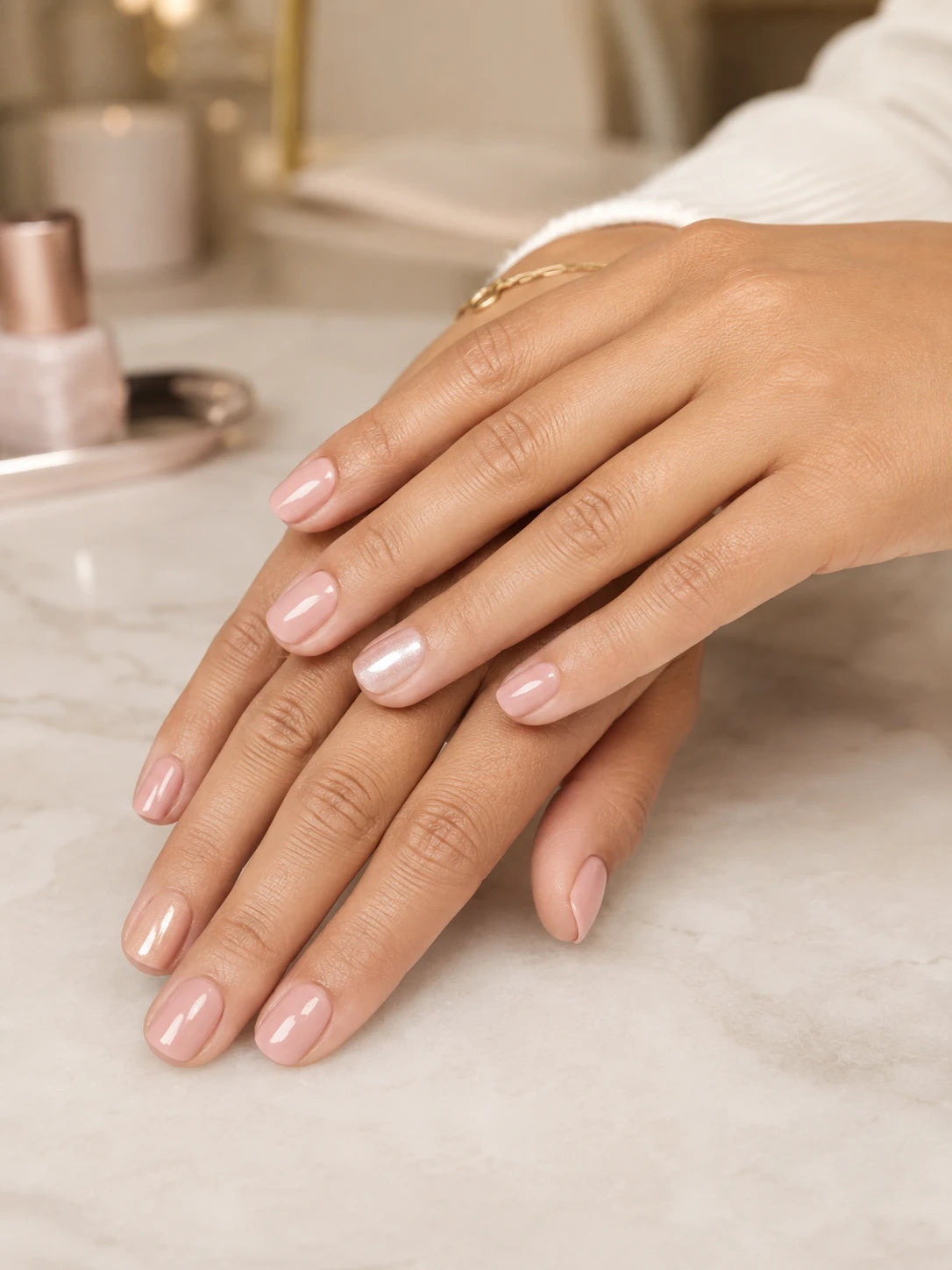 Close-up of short soft pink gel nails with subtle shimmer accents near Abbotsford