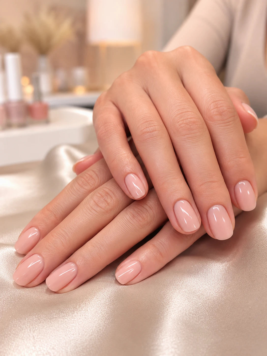 Close-up of glossy soft pink gel nails with a short natural manicure finish near Croydon