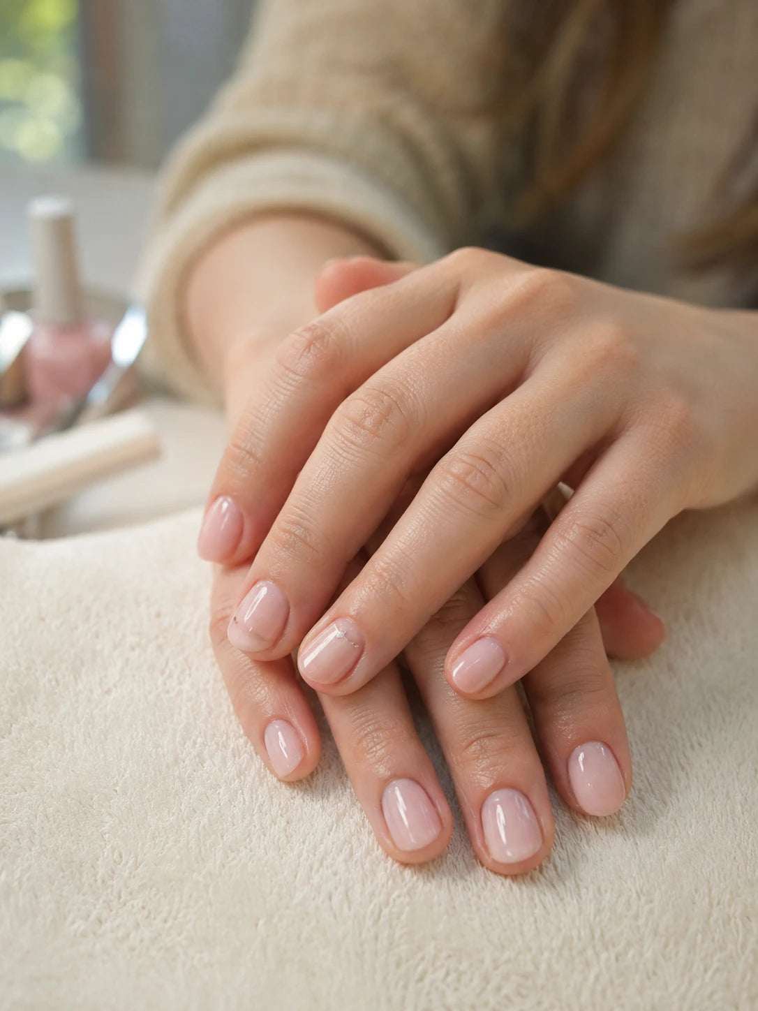 Close-up of short soft pink gel nails with a glossy natural finish near Putney