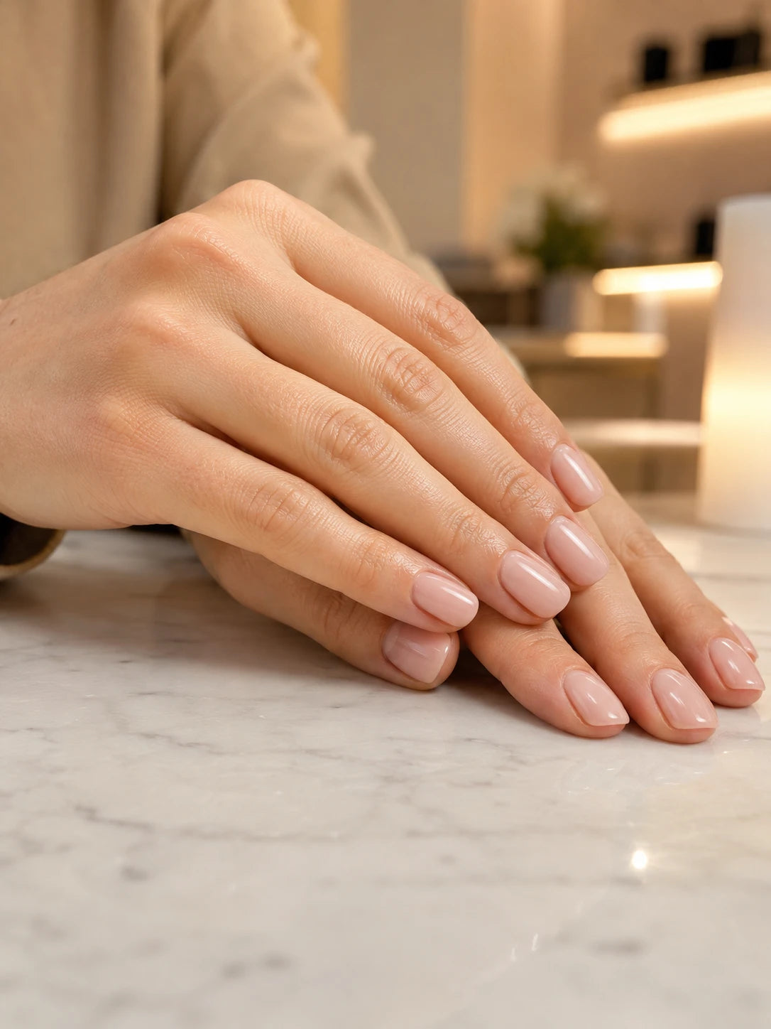 Close-up of short soft pink gel nails with a glossy natural finish near Putney