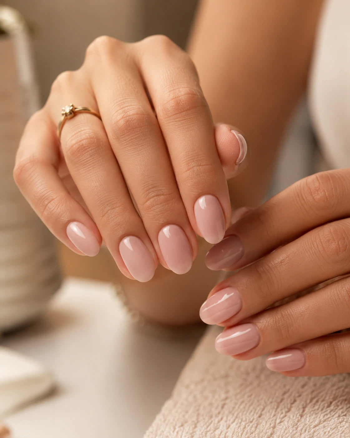 Close-up of glossy soft pink natural nails with a short oval manicure finish