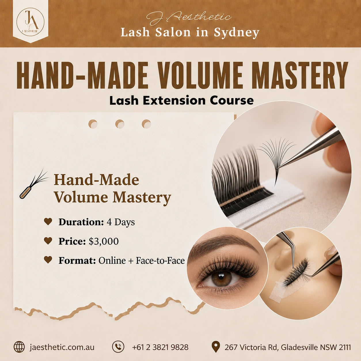 Hand-made volume mastery lash extension course at J.Aesthetic in Sydney with practical volume lash training