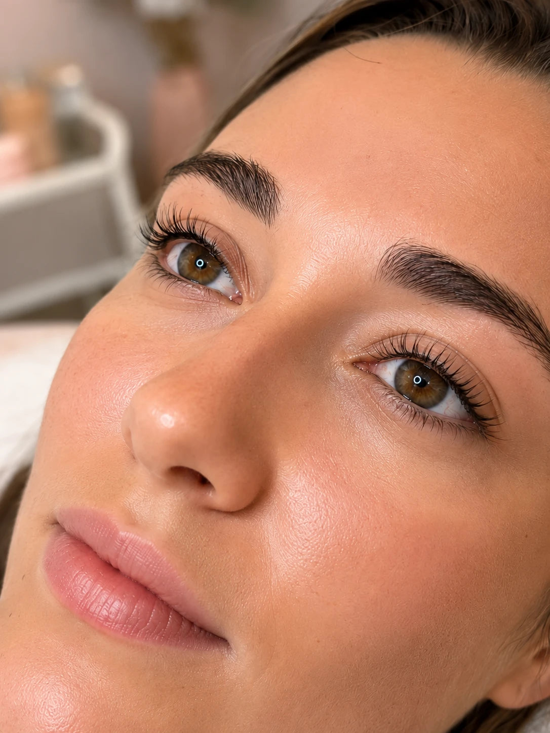 Close-up of natural lifted lashes and groomed eyebrows on a female client near Balmain