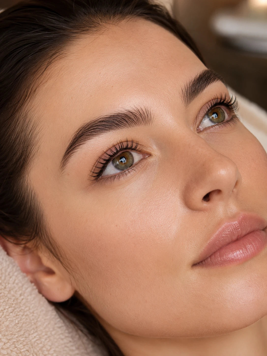 Close-up of natural lifted lashes and groomed eyebrows on a female client near Croydon