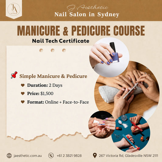 Promotional poster for J.Aesthetic manicure and pedicure course with training details and nail care practice images