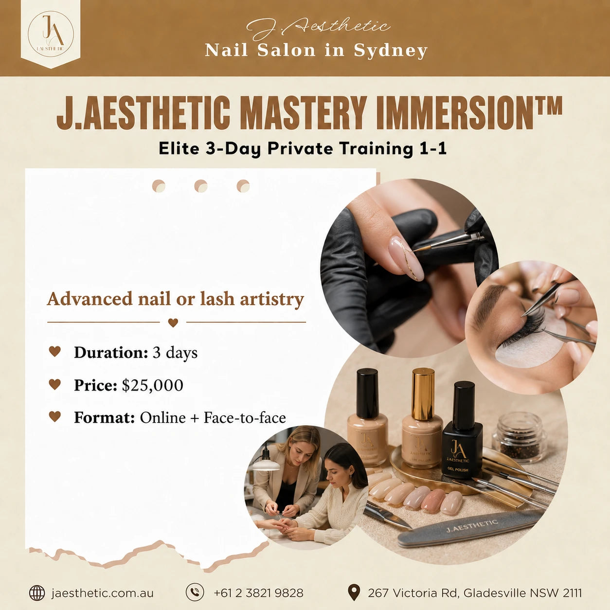 Promotional poster for J.Aesthetic Mastery Immersion private nail and lash training with course details and beauty training images