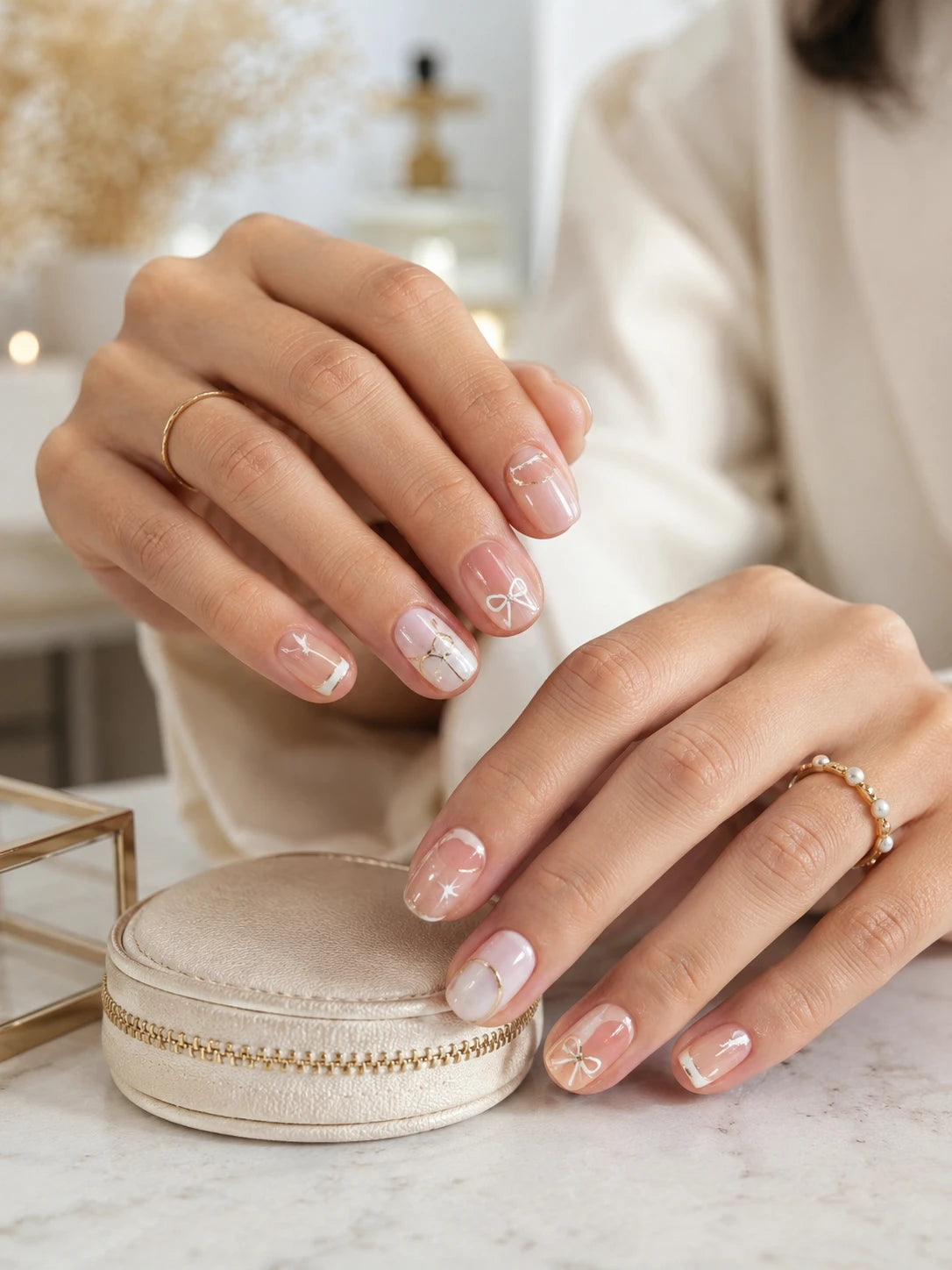 Close-up of short nude nails with minimalist white bow and gold line nail art near Croydon