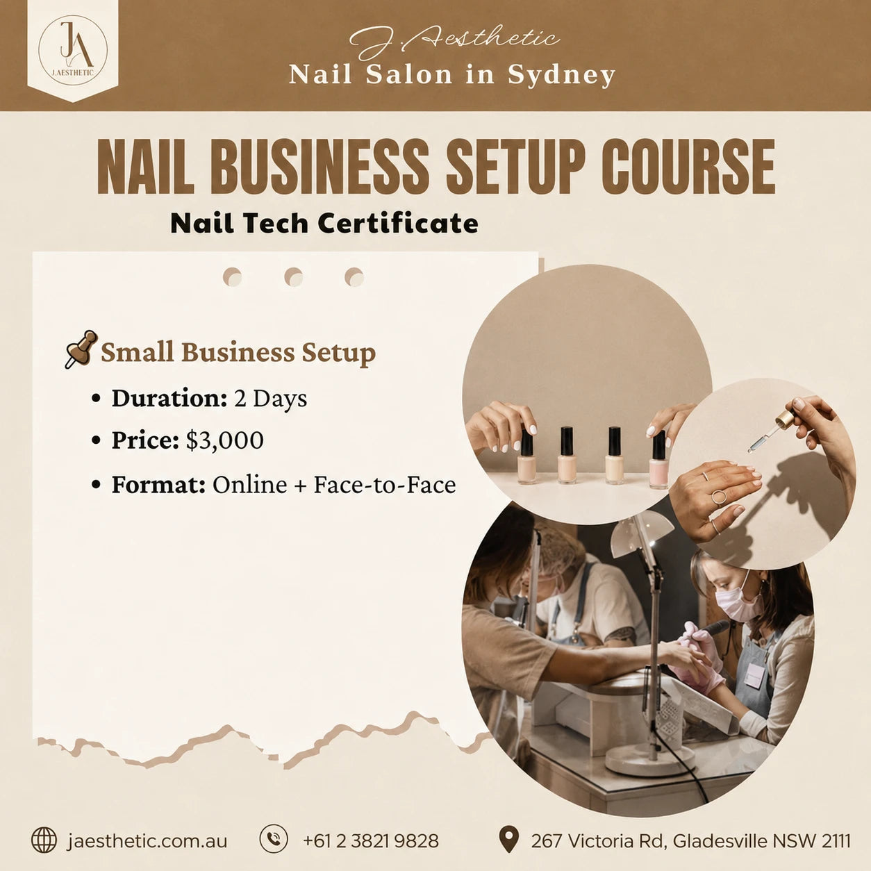 Promotional poster for J.Aesthetic nail business setup course with small business training details and manicure images