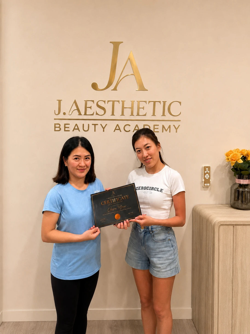 J.Aesthetic nail course student holding a completion certificate with an educator at the Sydney beauty academy