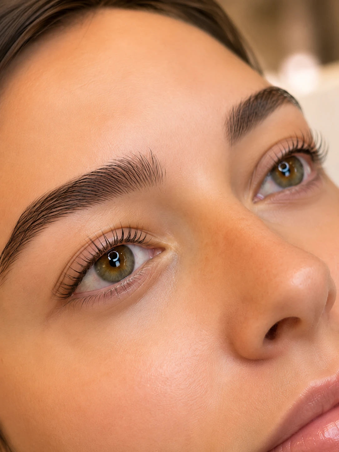 Close-up of natural lifted lashes and groomed eyebrows on a female client near Rhodes