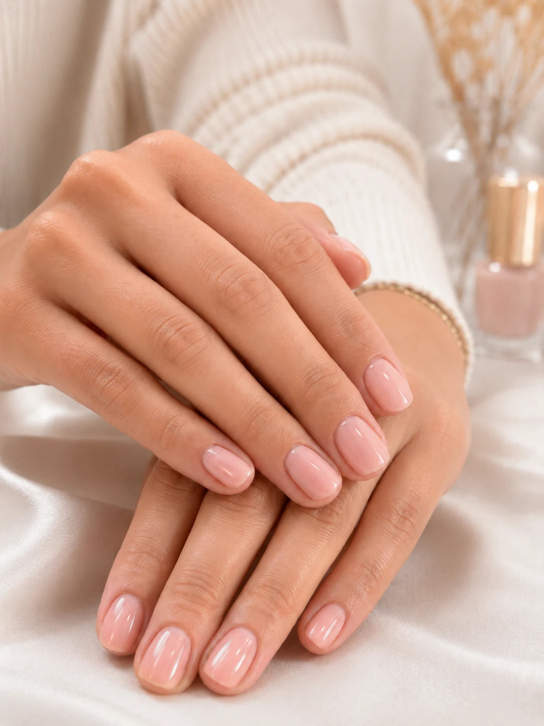 Close-up of short soft pink gel nails with a glossy natural finish near Croydon