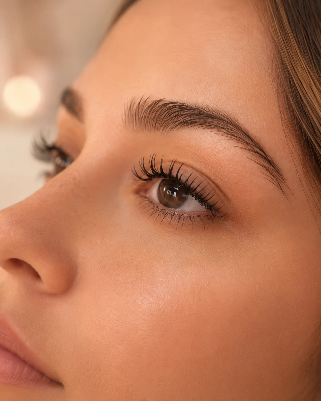 Close-up of natural lifted eyelashes and groomed eyebrows on a female client