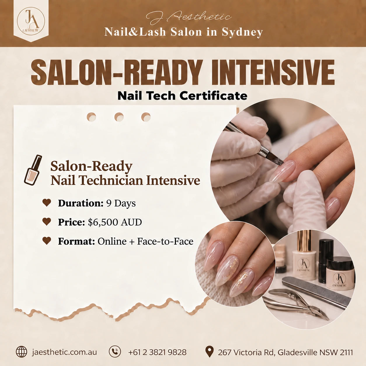 Salon-ready nail technician intensive course at J.Aesthetic in Sydney with practical nail training and professional tools