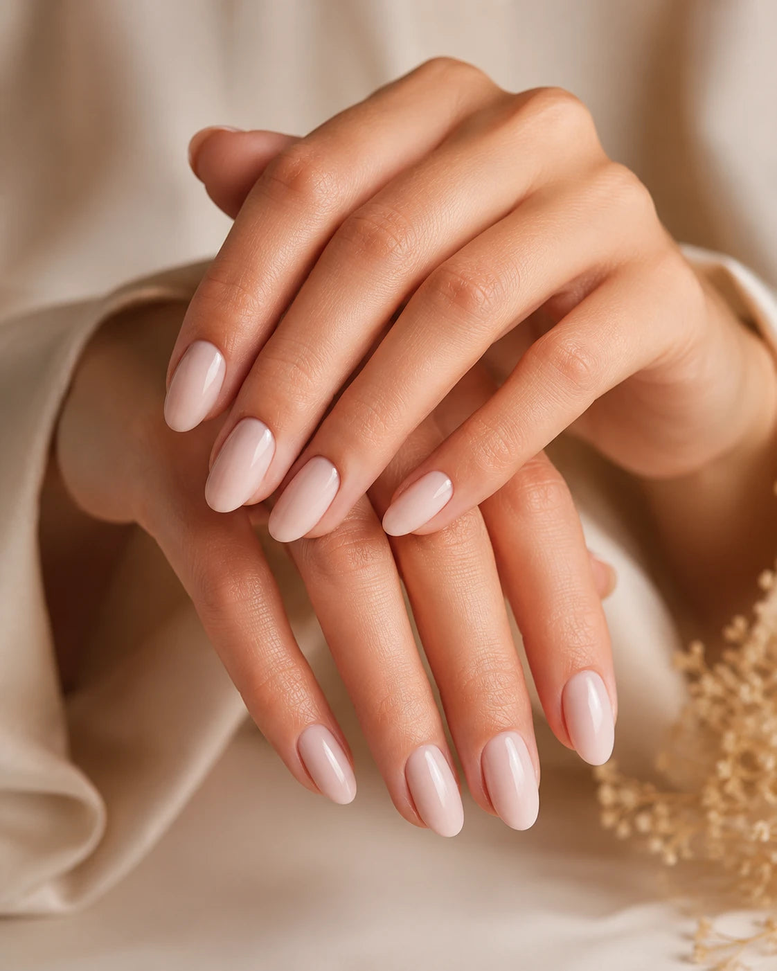 Close-up of soft pink almond-shaped nails with a glossy natural manicure finish