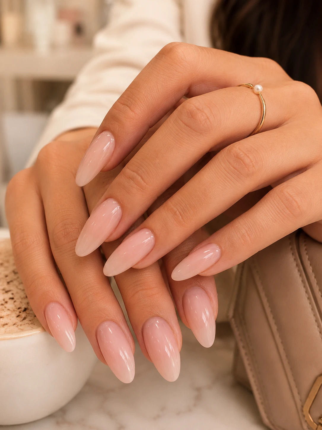 Close-up of long soft pink almond-shaped nail extensions with a glossy finish