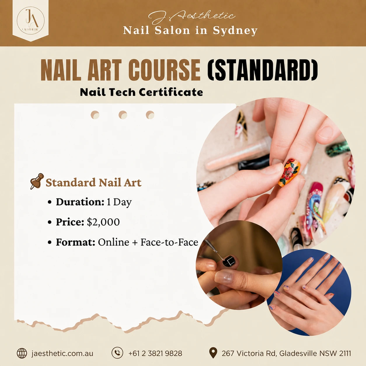 Promotional poster for J.Aesthetic standard nail art course with colourful nail design and polish application examples