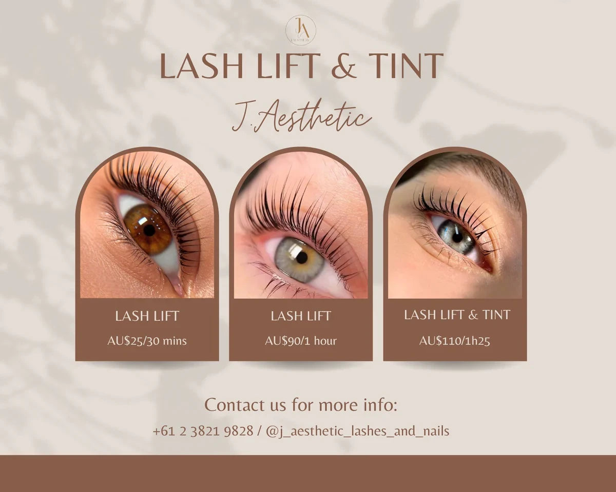 Collage of lash lift and tint results showing curled natural lashes on different eye colours