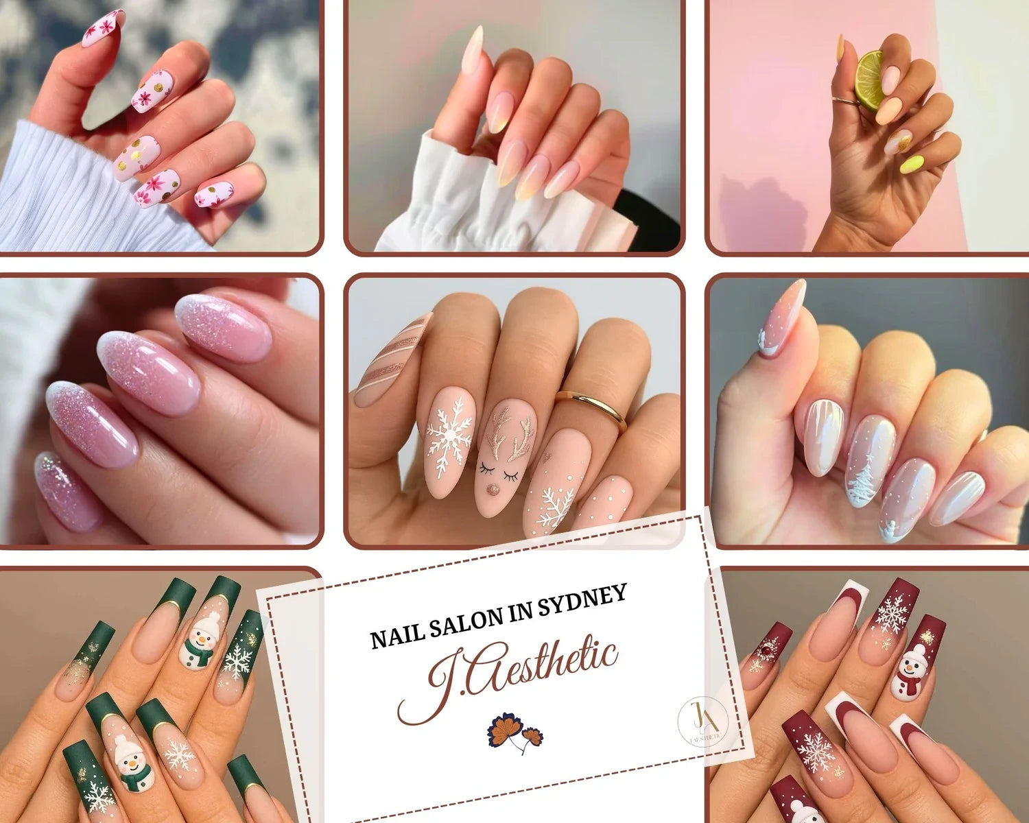 Collage of floral, nude, glitter and Christmas-themed nail art designs on almond and square nails