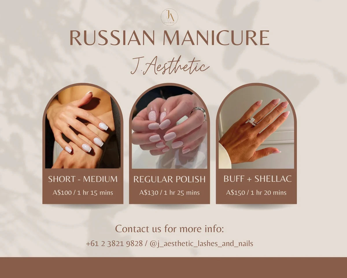 Three examples of Russian manicure styles with glossy nude and soft pink nails